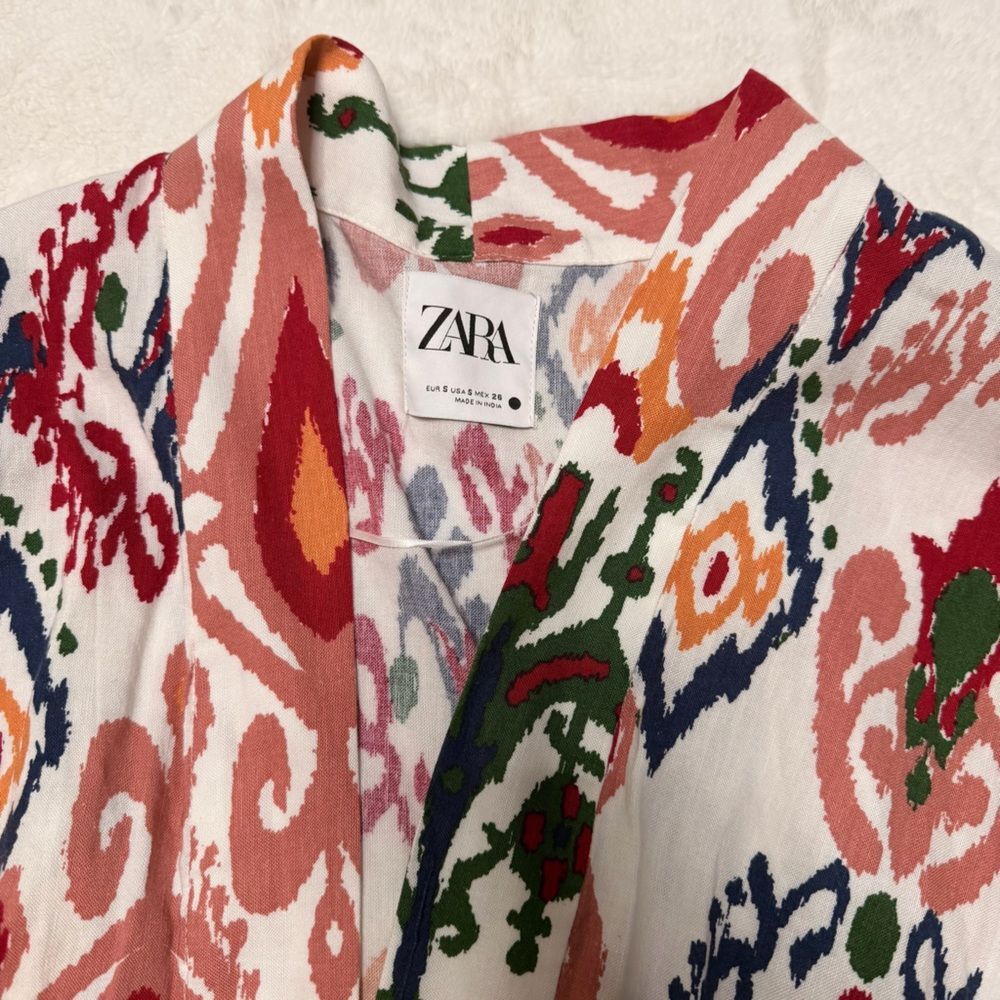 Zara Hanoi Kimono Ikat Print Open Front Cardigan Linen Blend No Belt Small - Picture 4 of 7